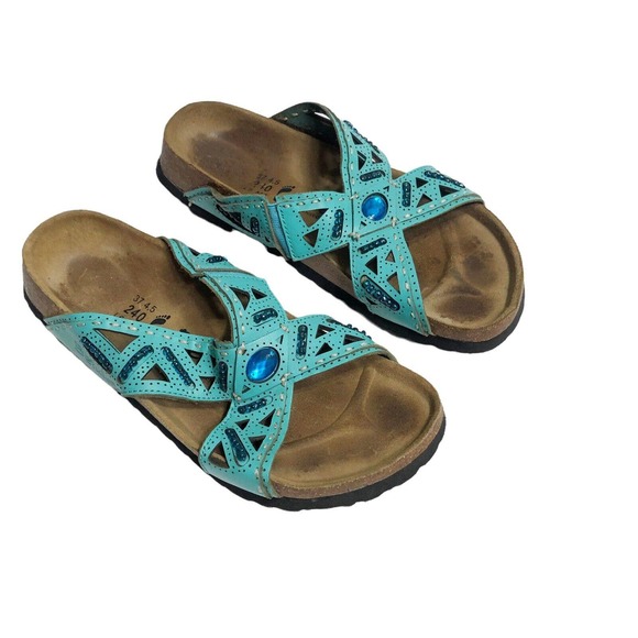 Betula Birkenstock 240 Joyce 37 US 6 Leather Slide Aqua Beaded Jewel Sandal - Picture 1 of 12